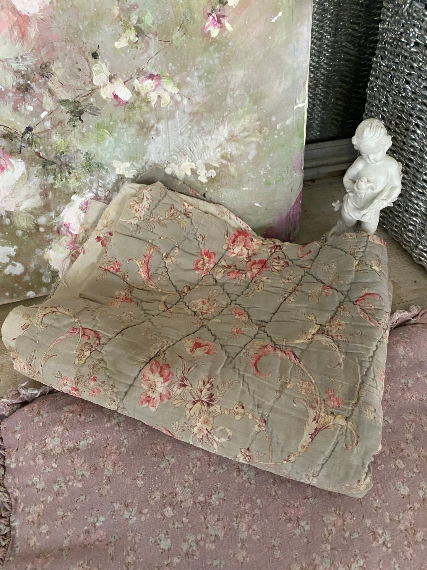 Antique French Boutis Quilt Fabric