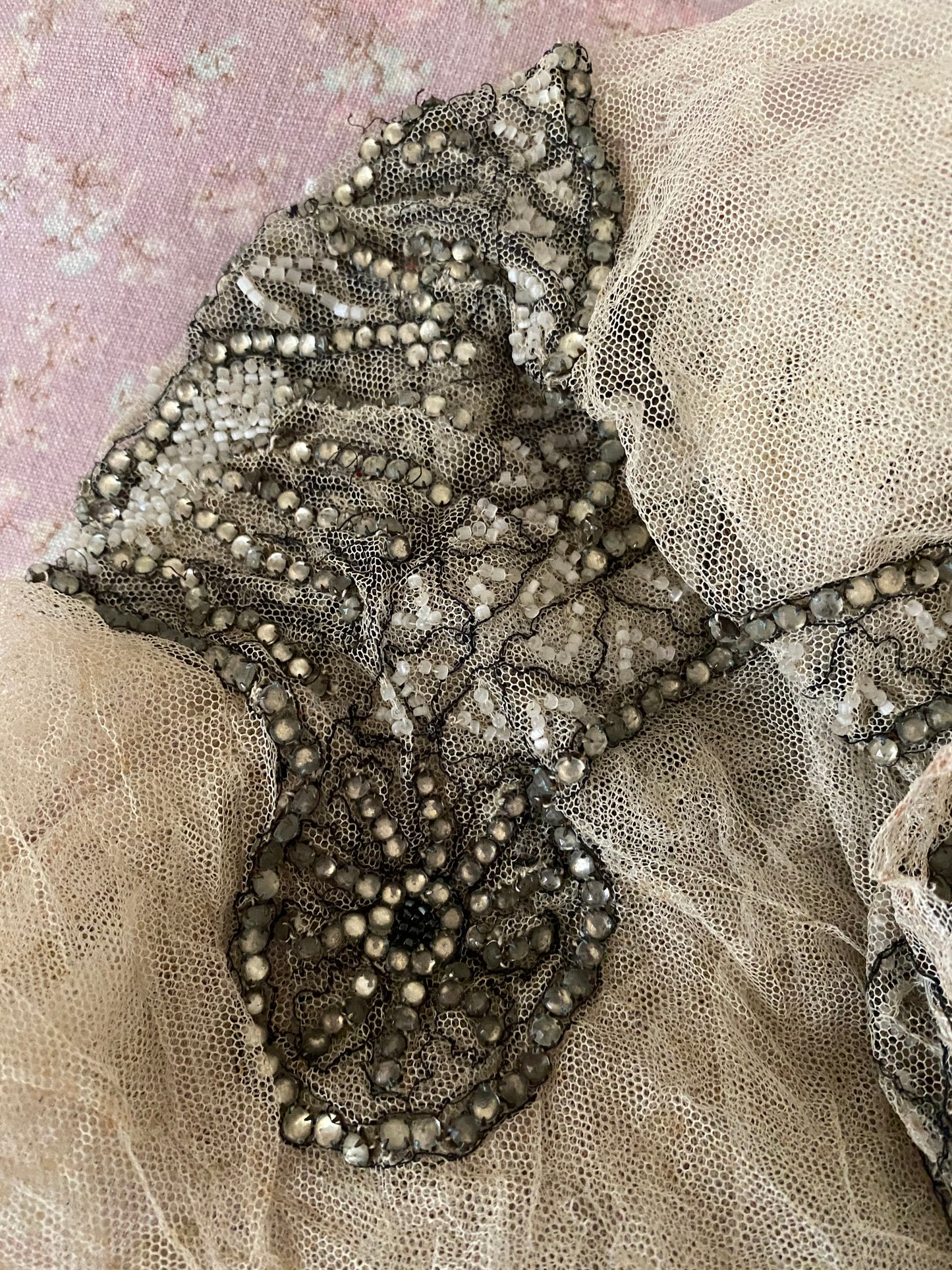 Antique 1920s Net Lace Rhinestone Applique
