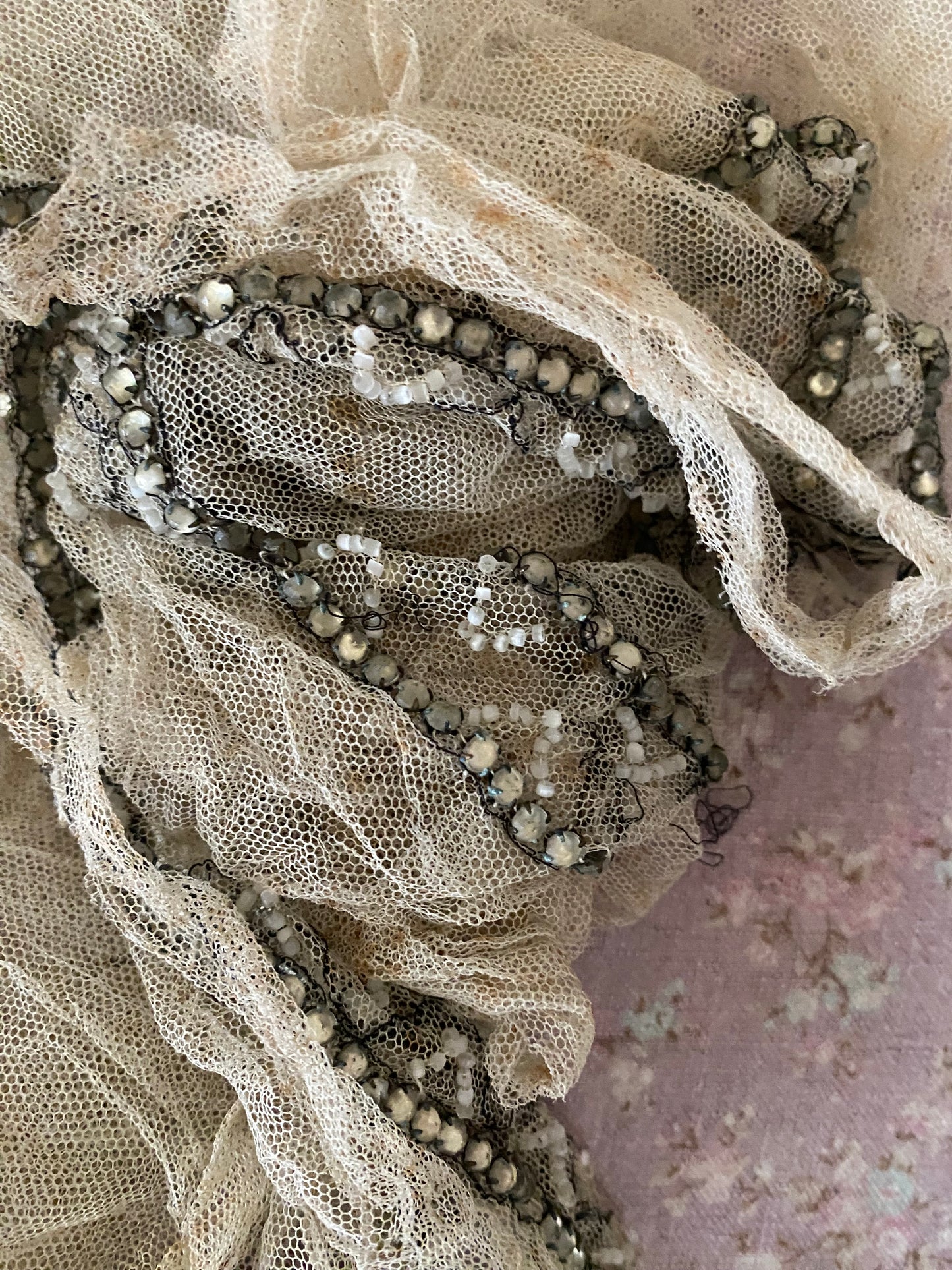 Antique 1920s Net Lace Rhinestone Applique