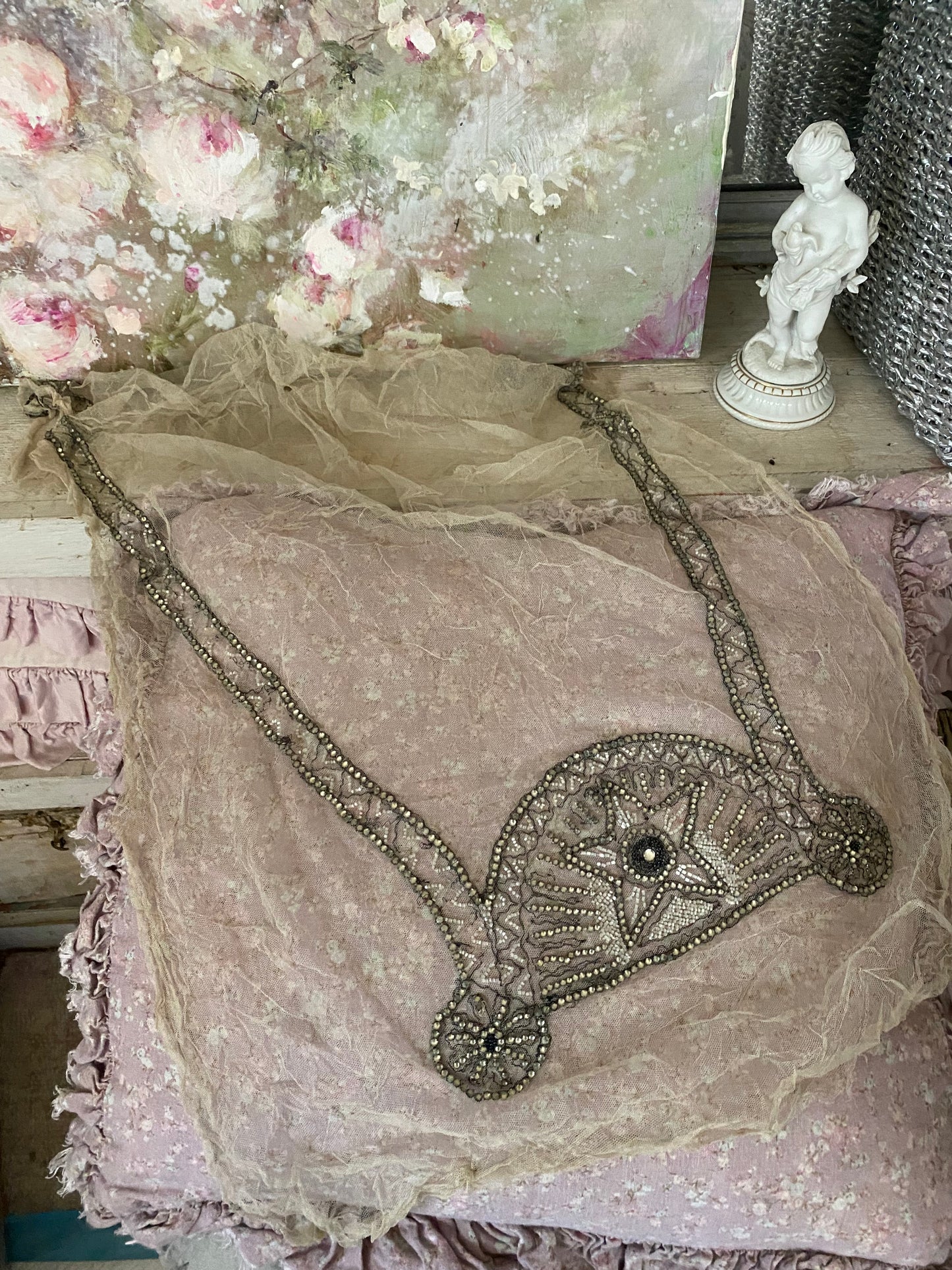 Antique 1920s Net Lace Rhinestone Applique