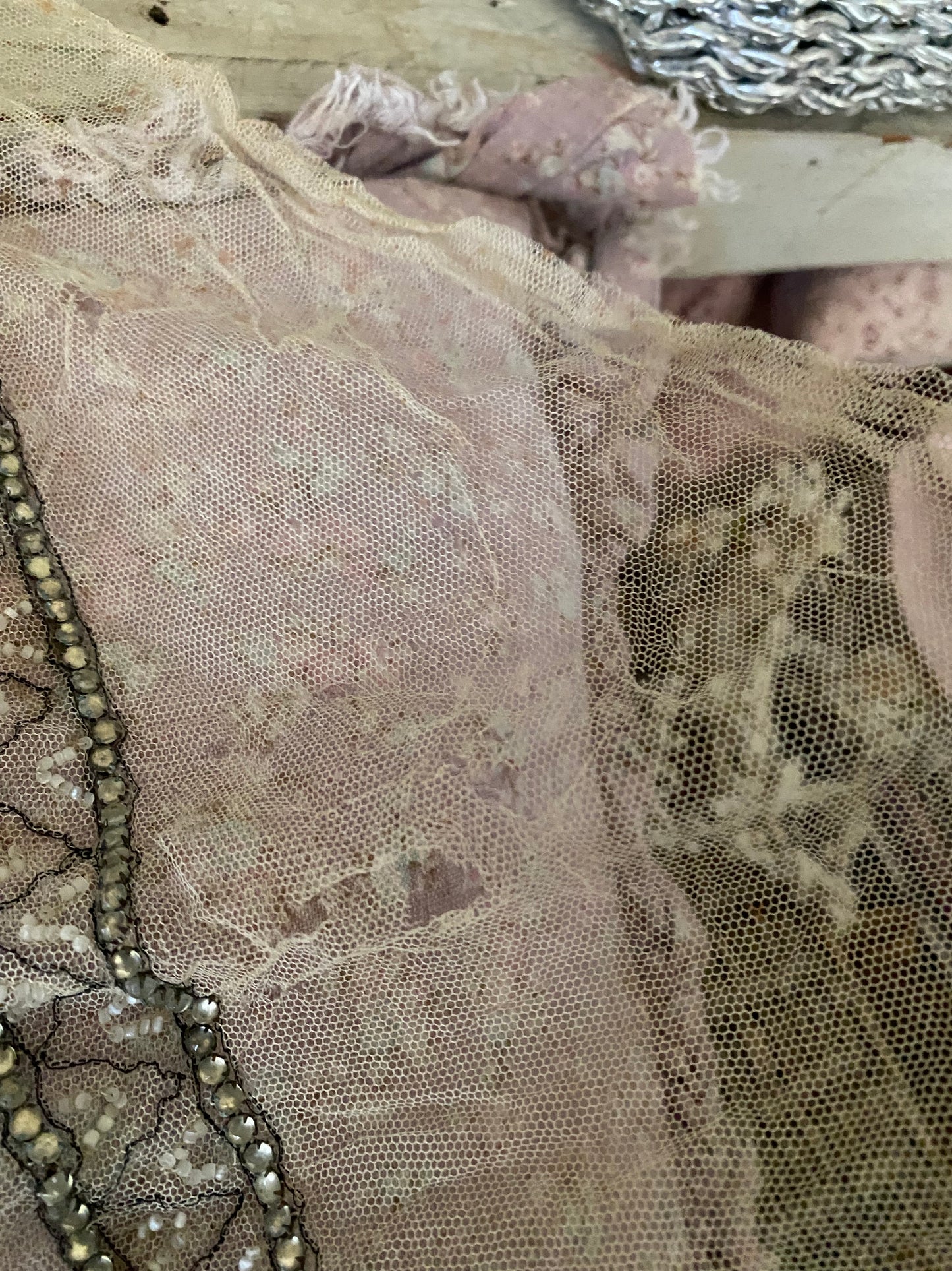 Antique 1920s Net Lace Rhinestone Applique