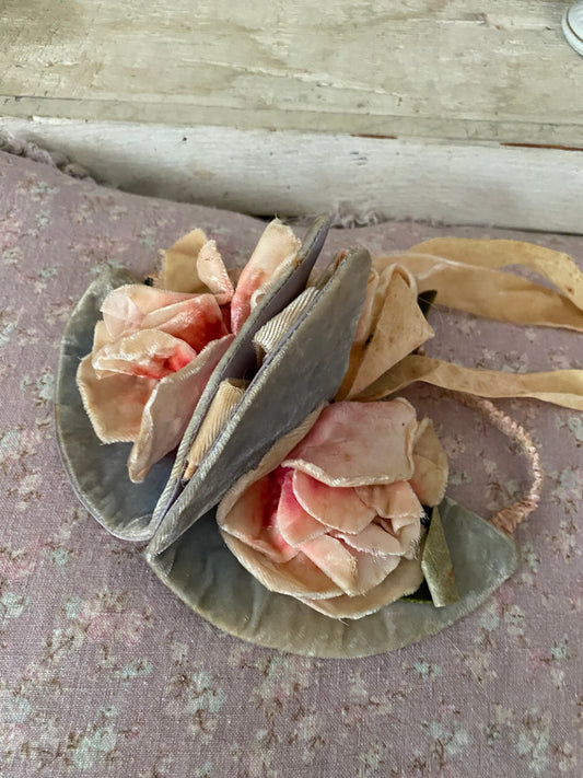 Antique Velvet Pink Millinery Rose Ribbon Costume Headpiece