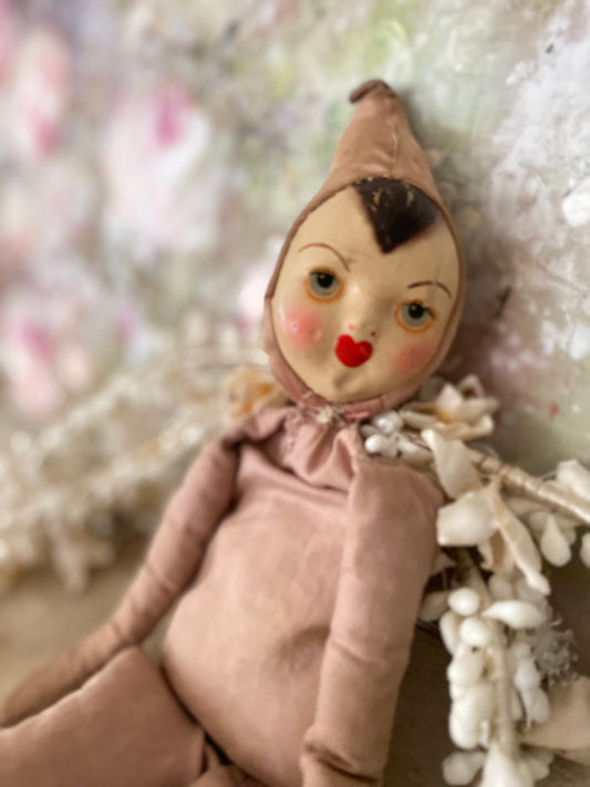 Antique Timeworn Pink Pierrot Hat Doll
