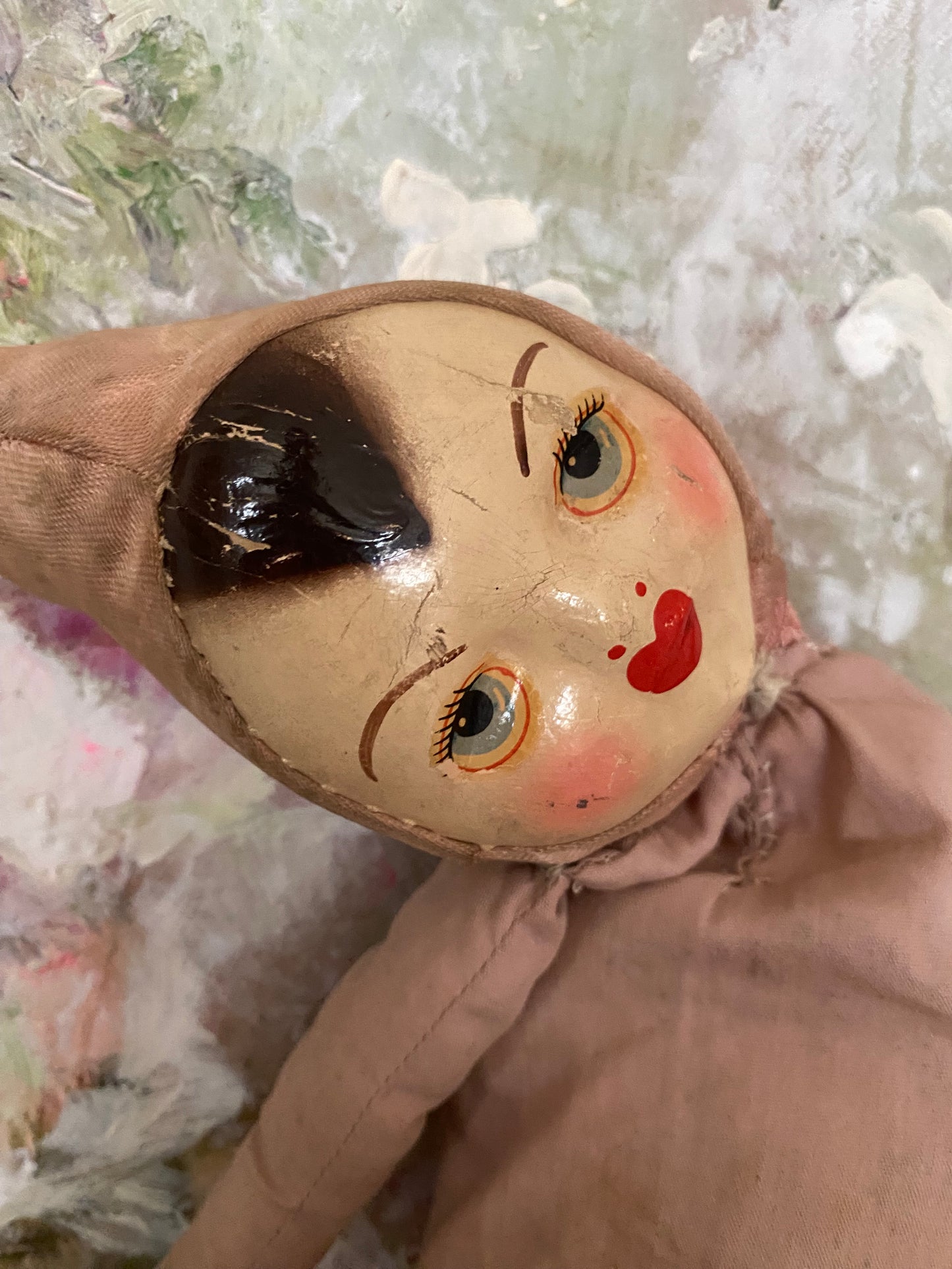 Antique Timeworn Pink Pierrot Hat Doll