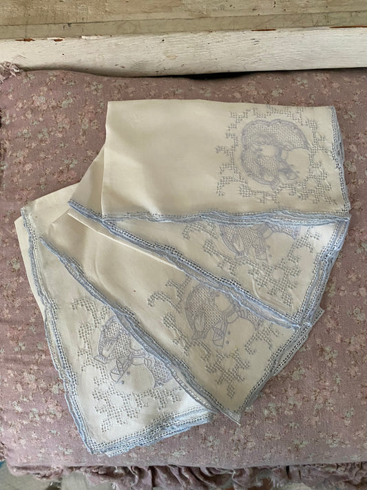 Antique Linen Blue Figural Lace Napkins