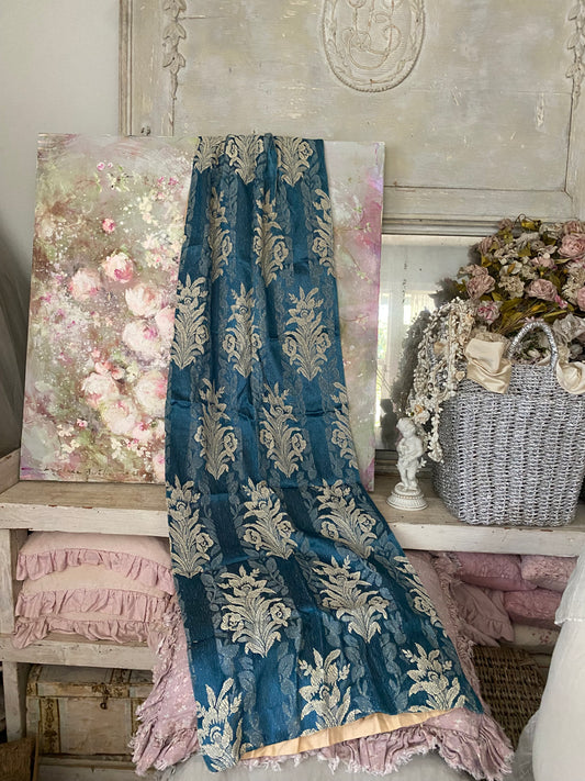 Antique Blue Damask Floral Fabric Curtain Panel