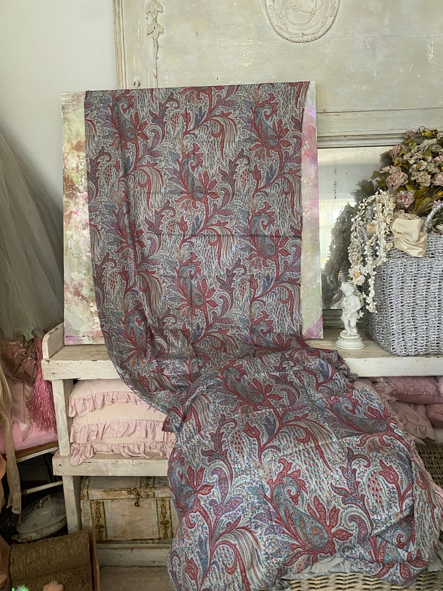 Antique Vintage French Fabric Panel  Paisley Floral