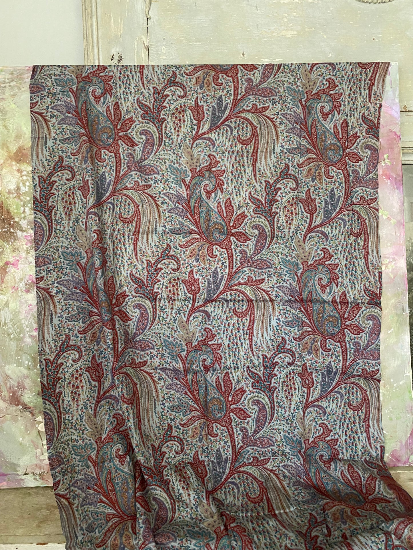 Antique Vintage French Fabric Panel  Paisley Floral