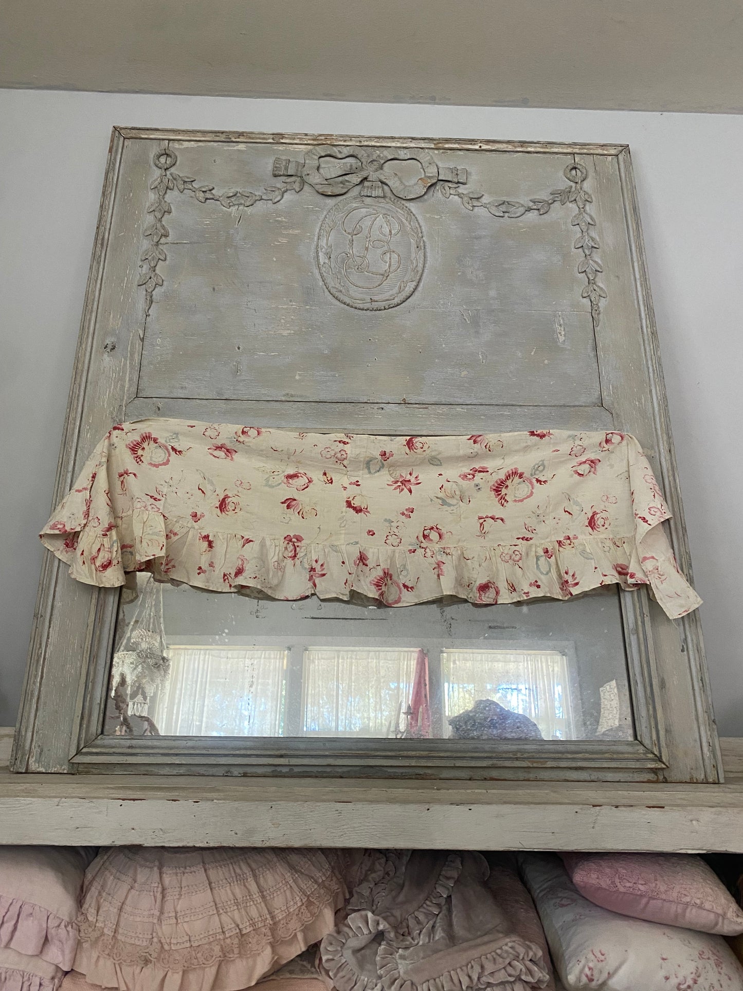 Antique French Fabric Valance Ruffle Panel Pale Florals