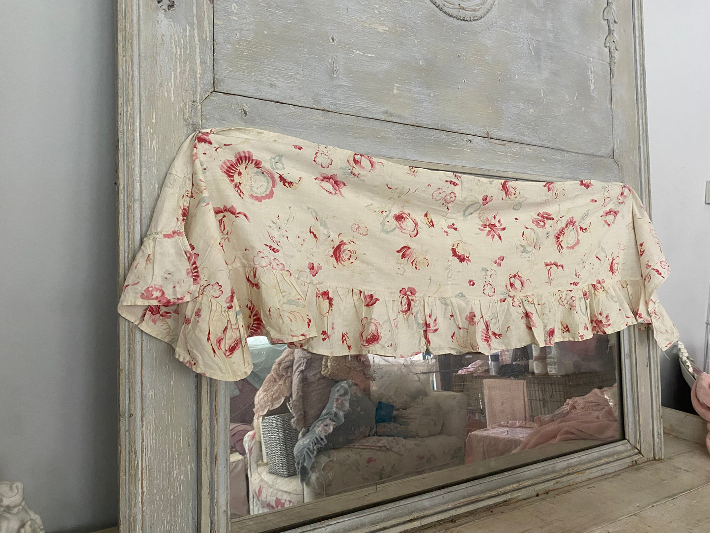 Antique French Fabric Valance Ruffle Panel Pale Florals