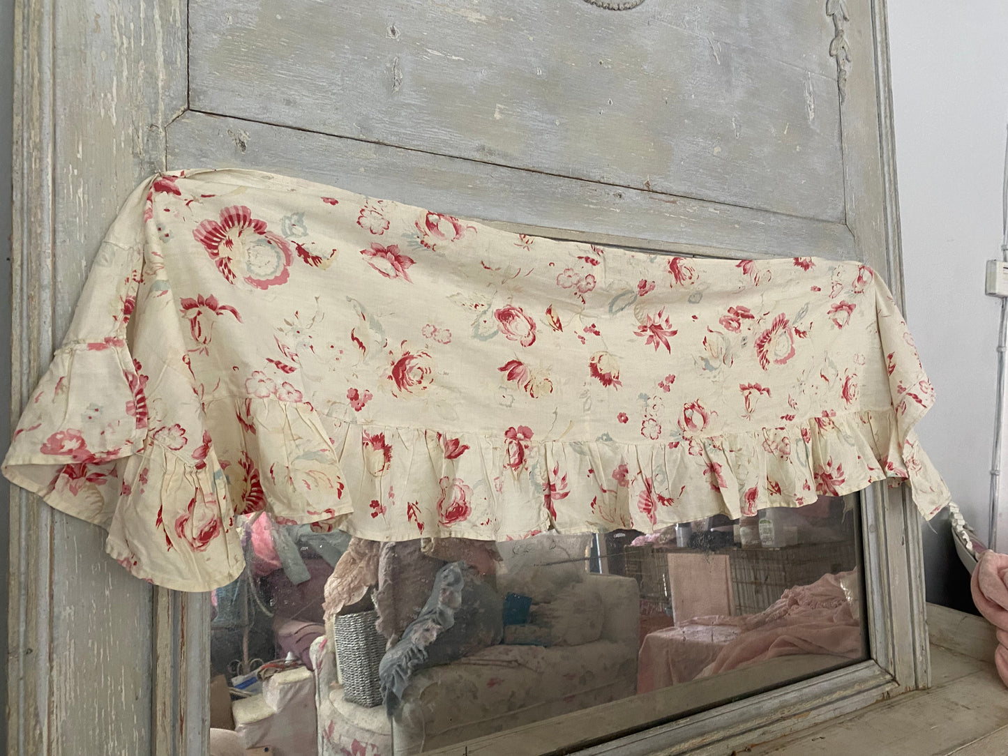 Antique French Fabric Valance Ruffle Panel Pale Florals