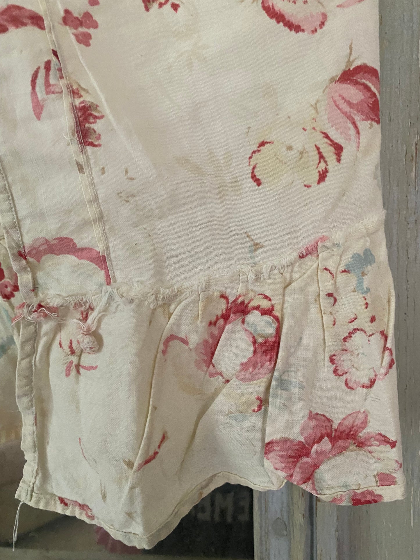 Antique French Fabric Valance Ruffle Panel Pale Florals