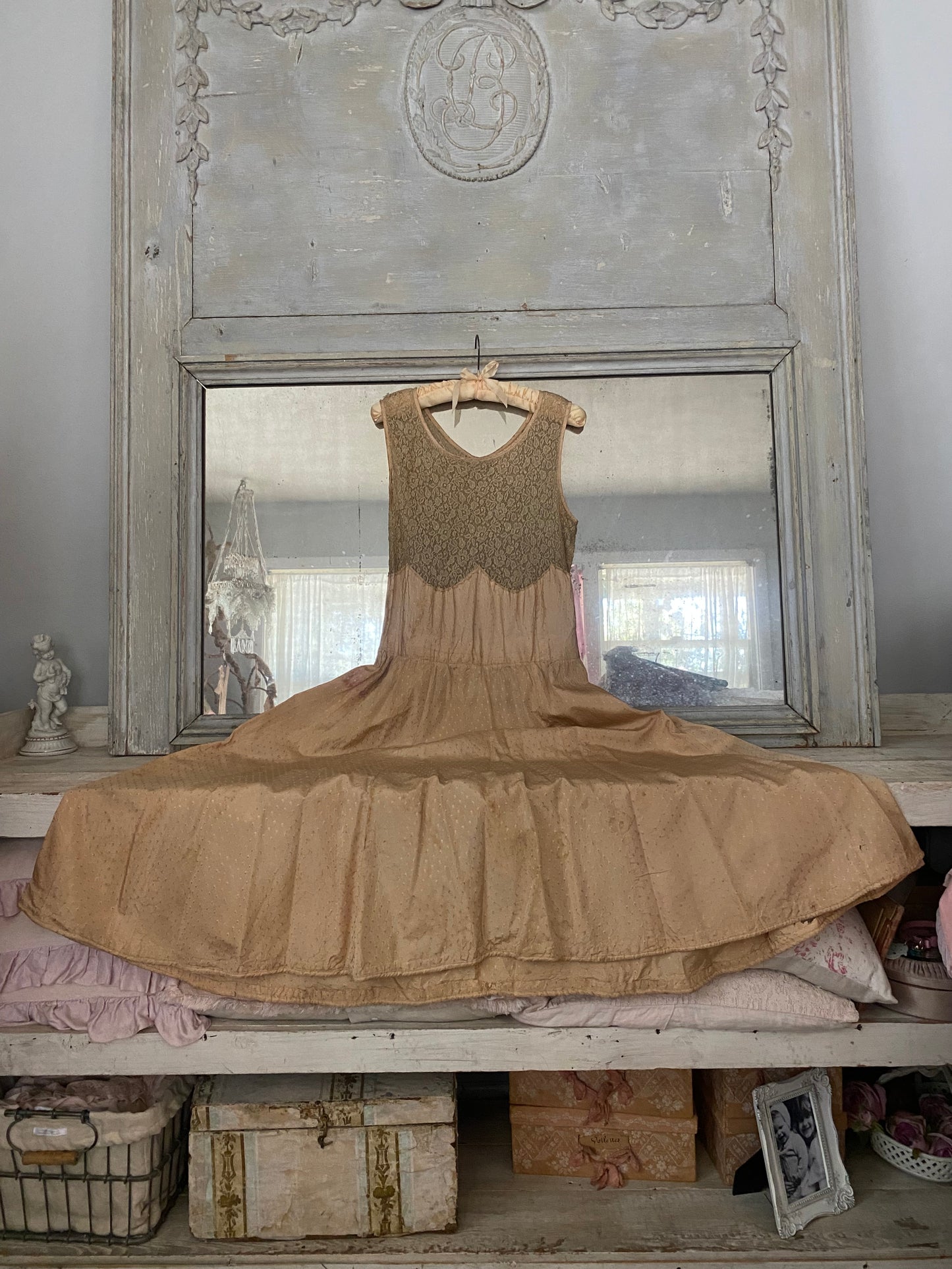 Antique Pink Peach Silk Lace Dress