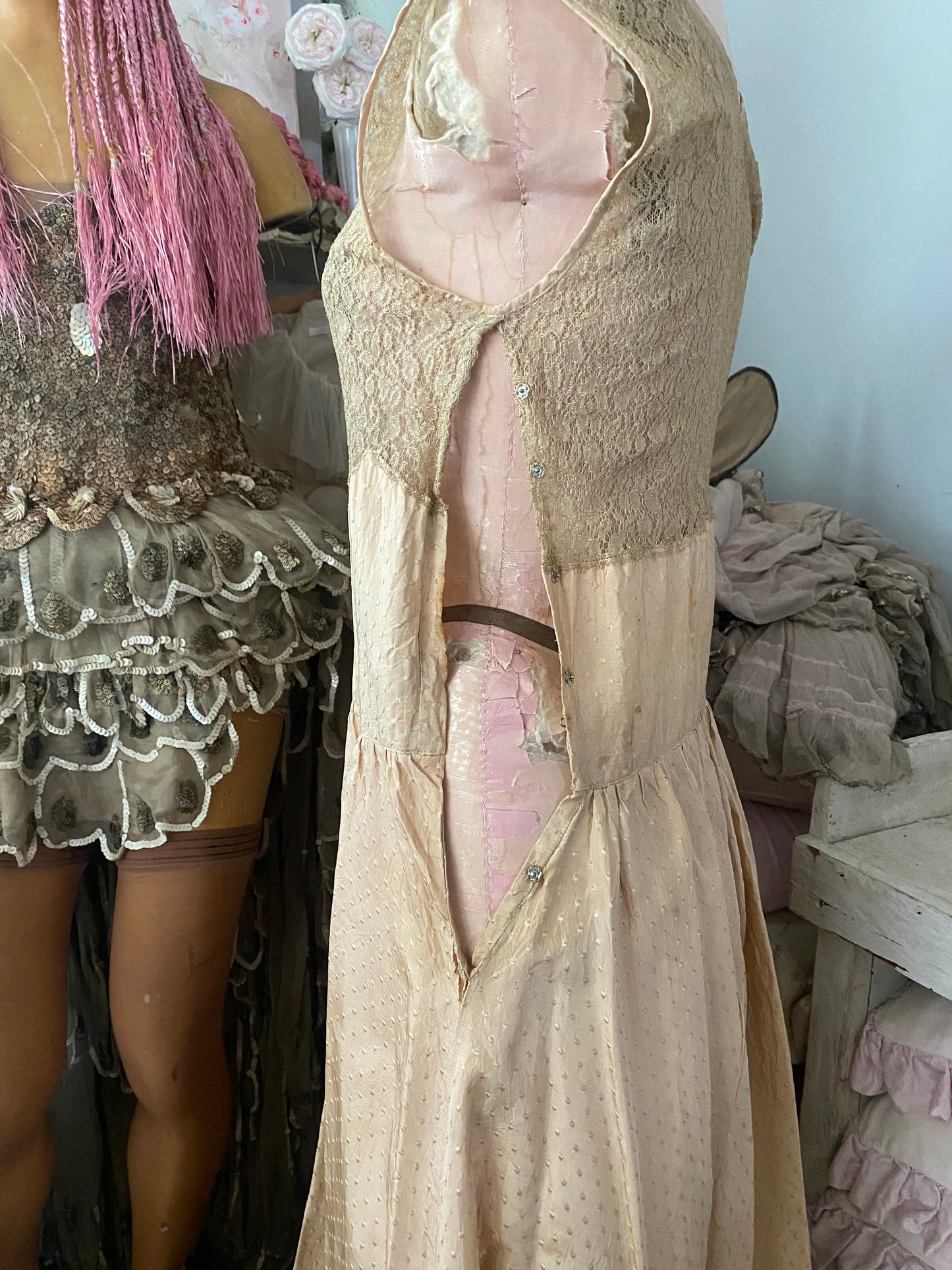 Antique Pink Peach Silk Lace Dress