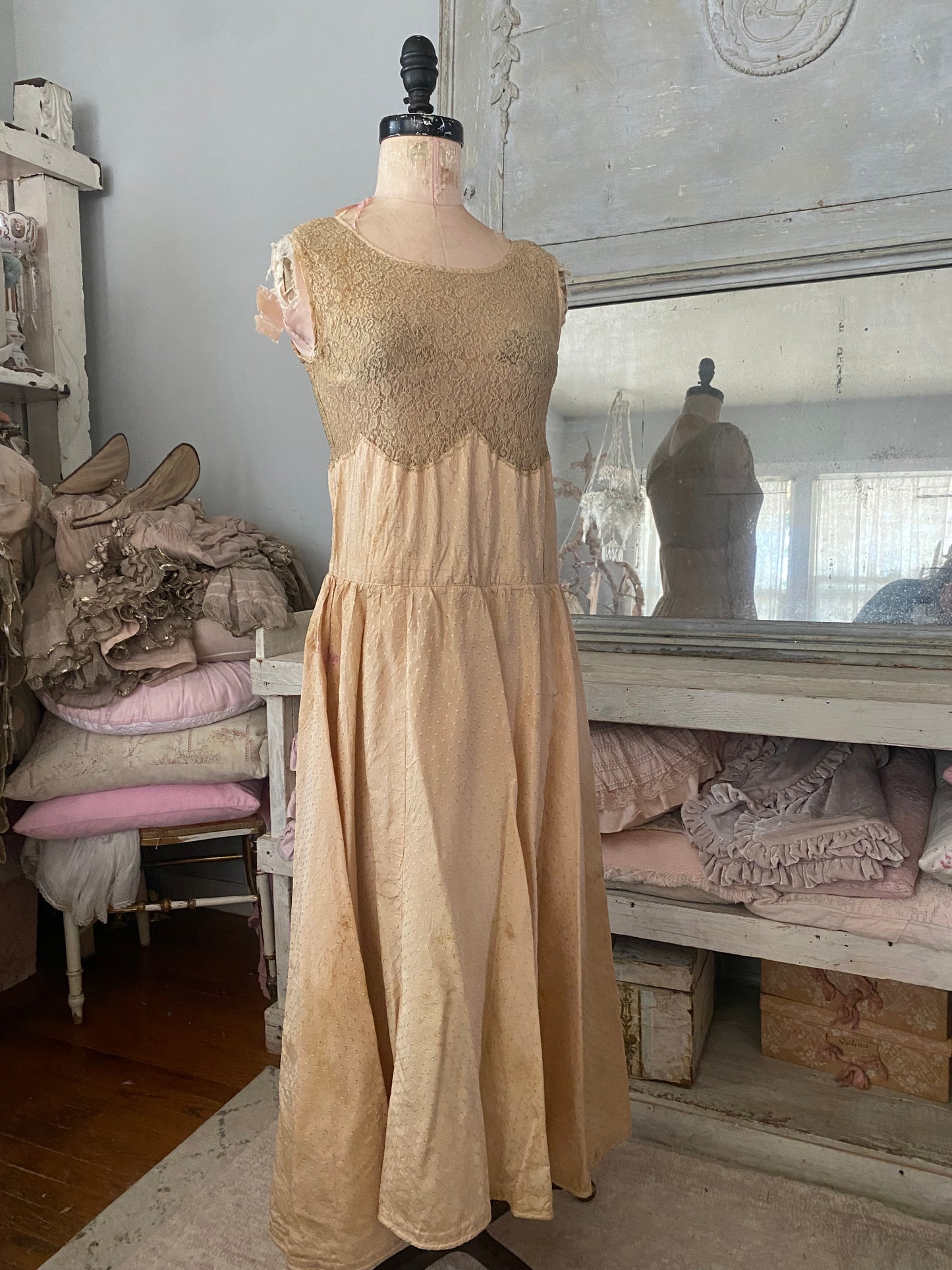 Antique Pink Peach Silk Lace Dress