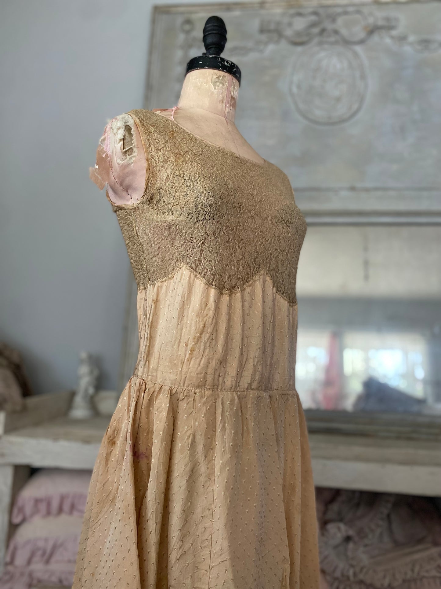 Antique Pink Peach Silk Lace Dress