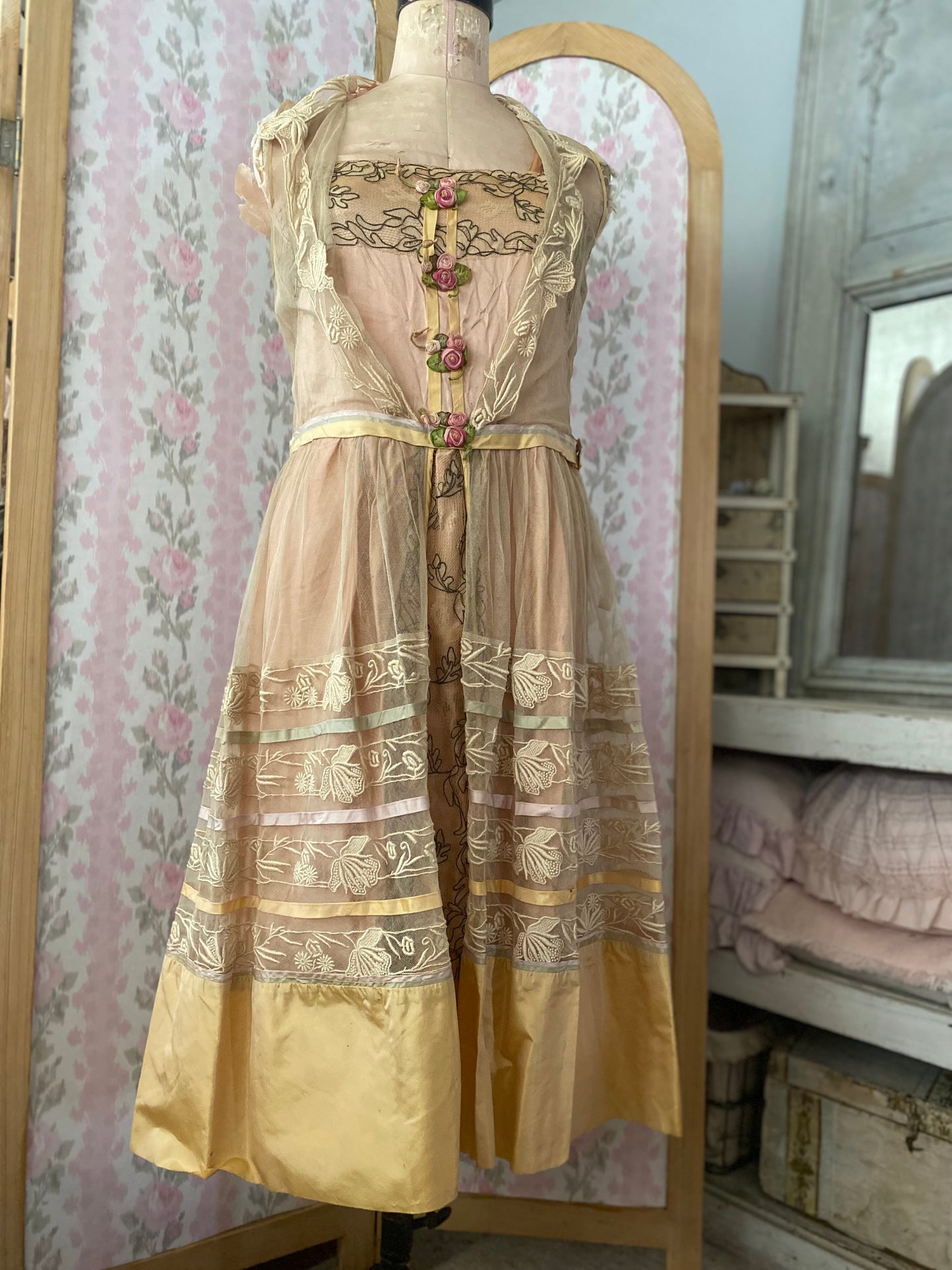 c1920 Antique French Ribbonwork dress