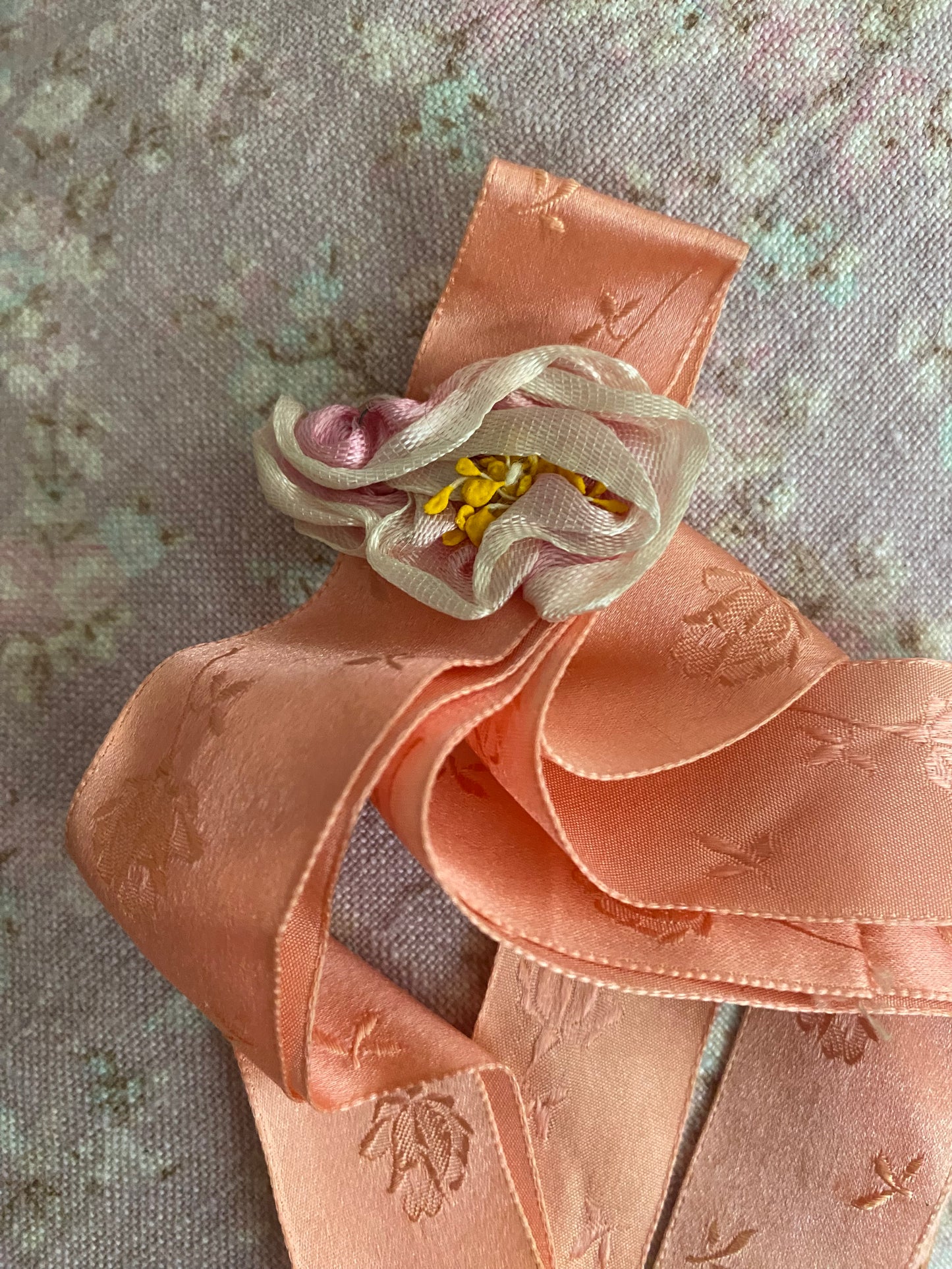 Antique Silk Ribbon Ribbonwork Ornament Peach Pink