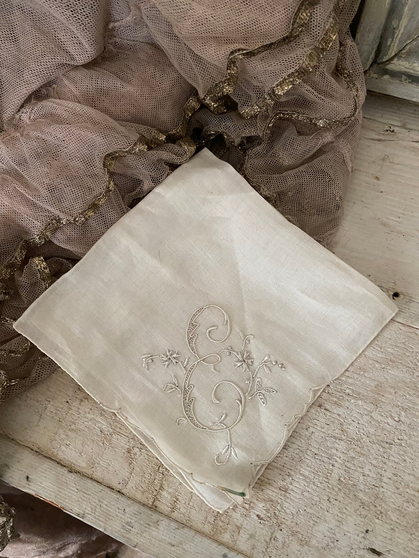 Vintage White Linen E Letter Hankie