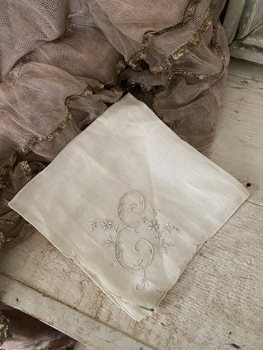 Vintage White Linen E Letter Hankie