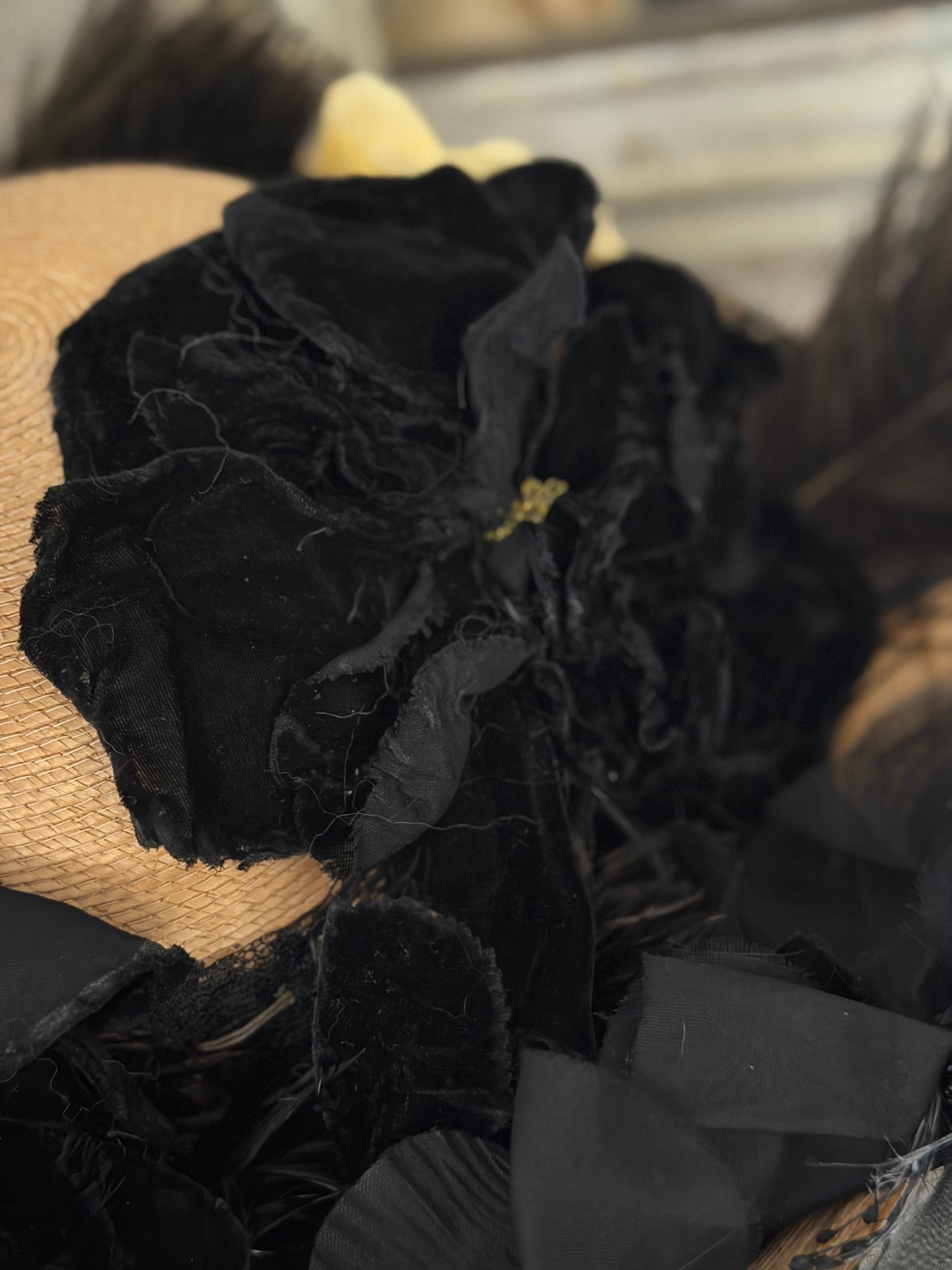 Antique Straw Hat Millinery Flowers Feathers