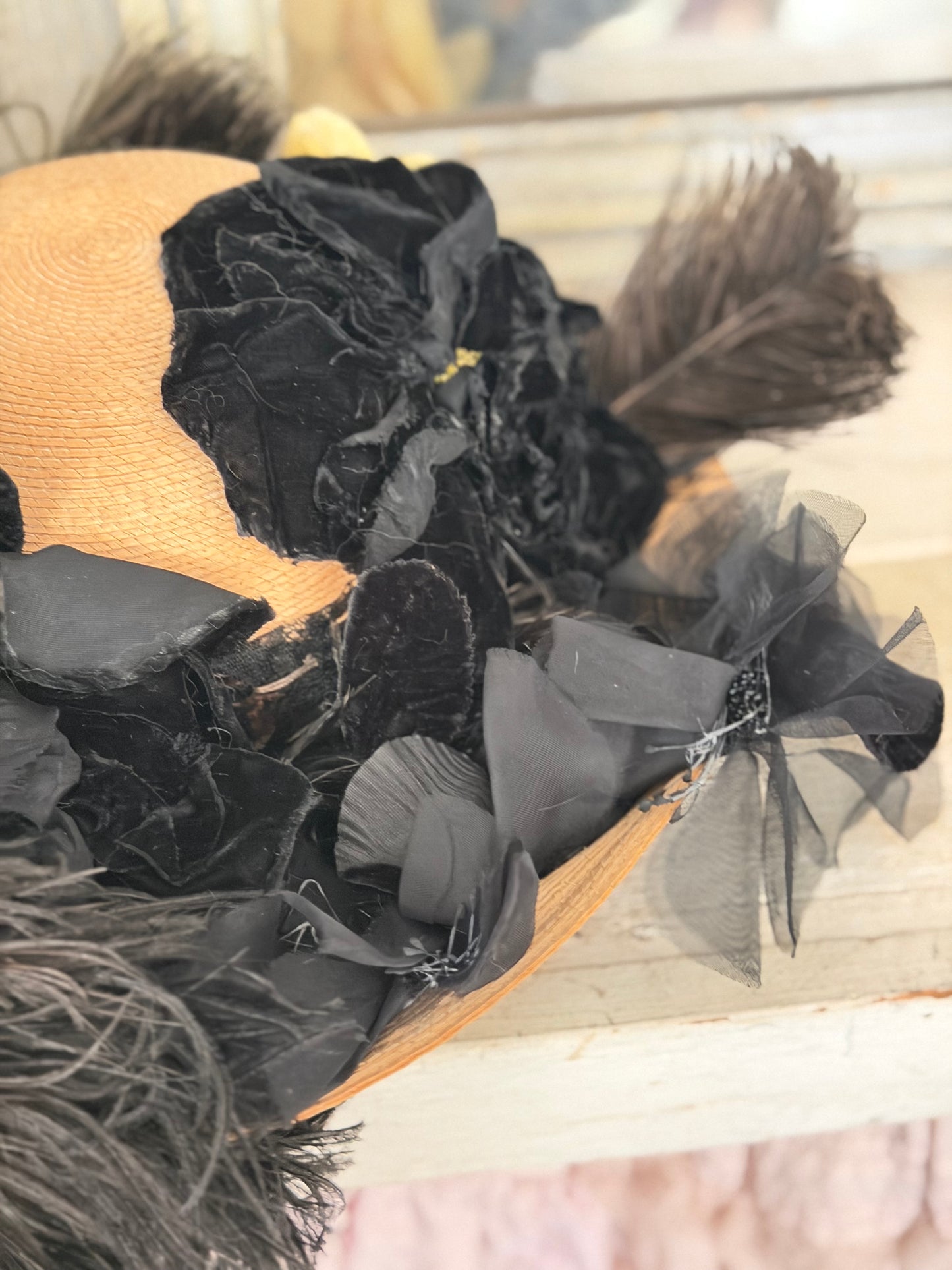 Antique Straw Hat Millinery Flowers Feathers