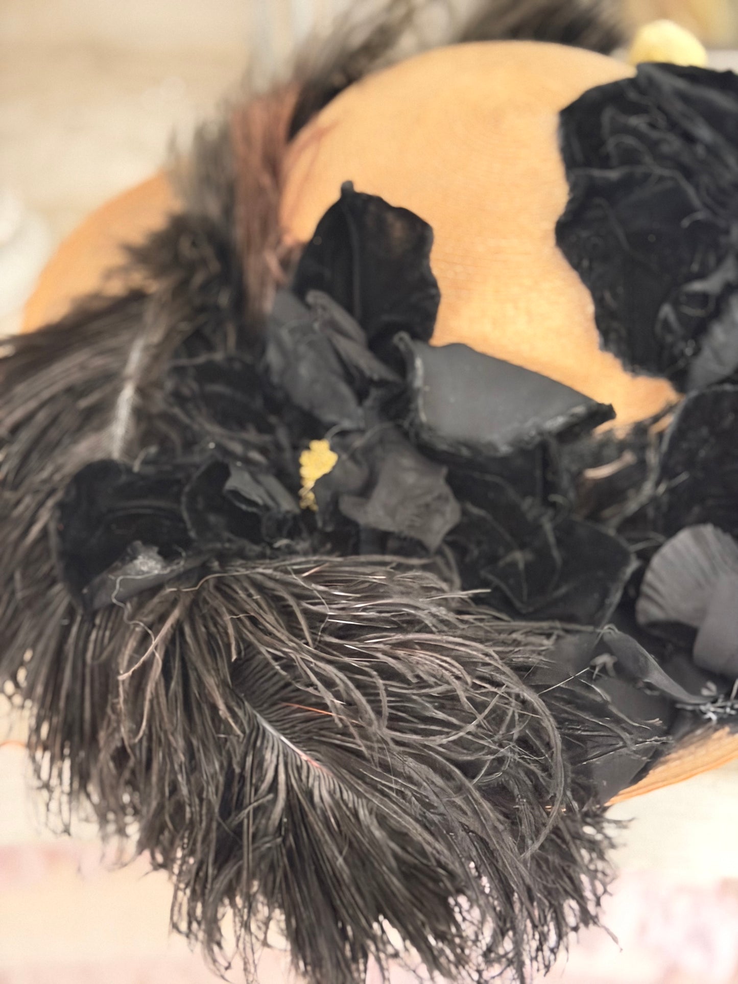 Antique Straw Hat Millinery Flowers Feathers