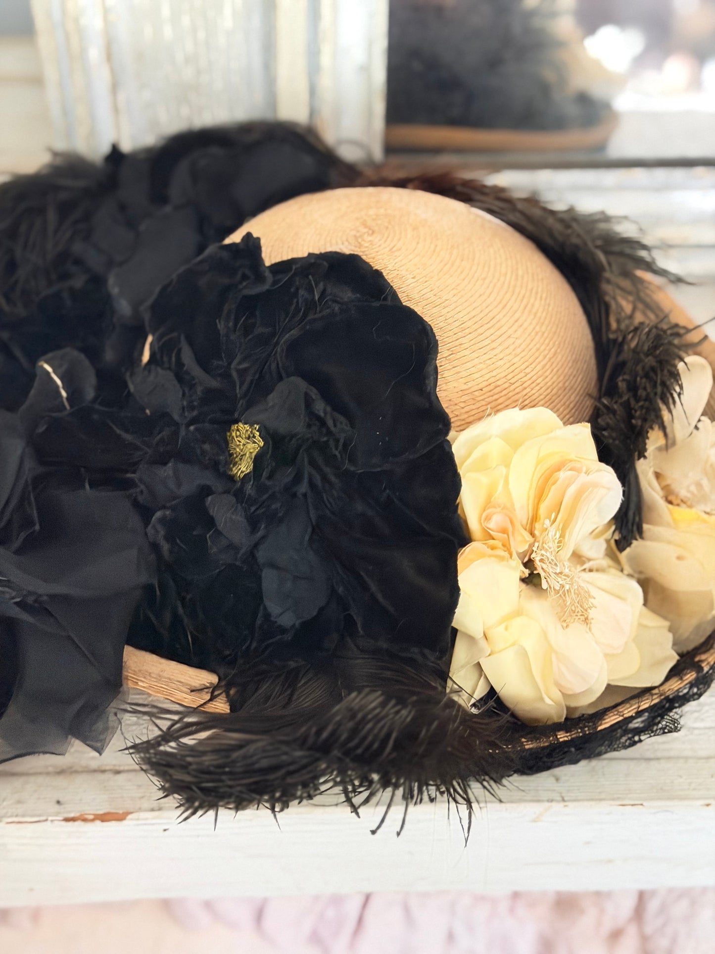 Antique Straw Hat Millinery Flowers Feathers