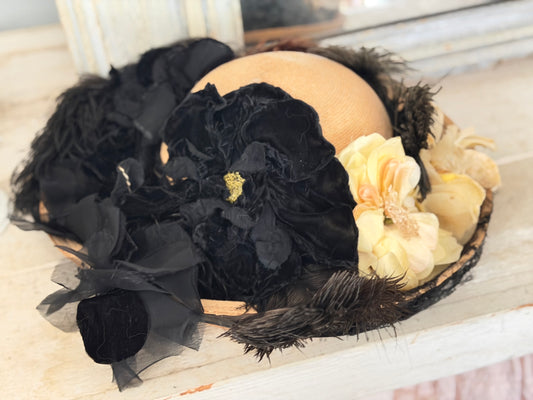 Antique Straw Hat Millinery Flowers Feathers