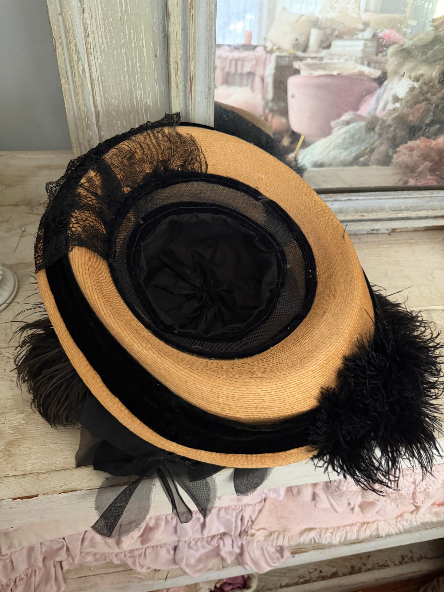 Antique Straw Hat Millinery Flowers Feathers