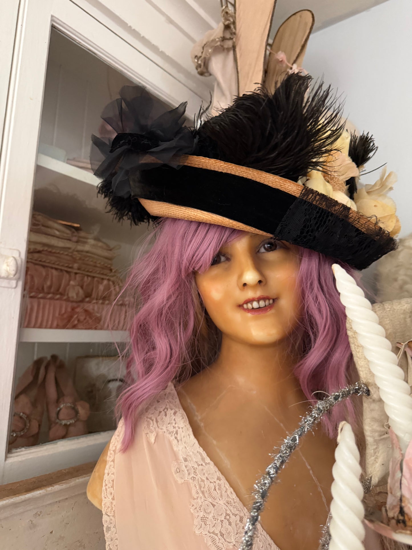 Antique Straw Hat Millinery Flowers Feathers