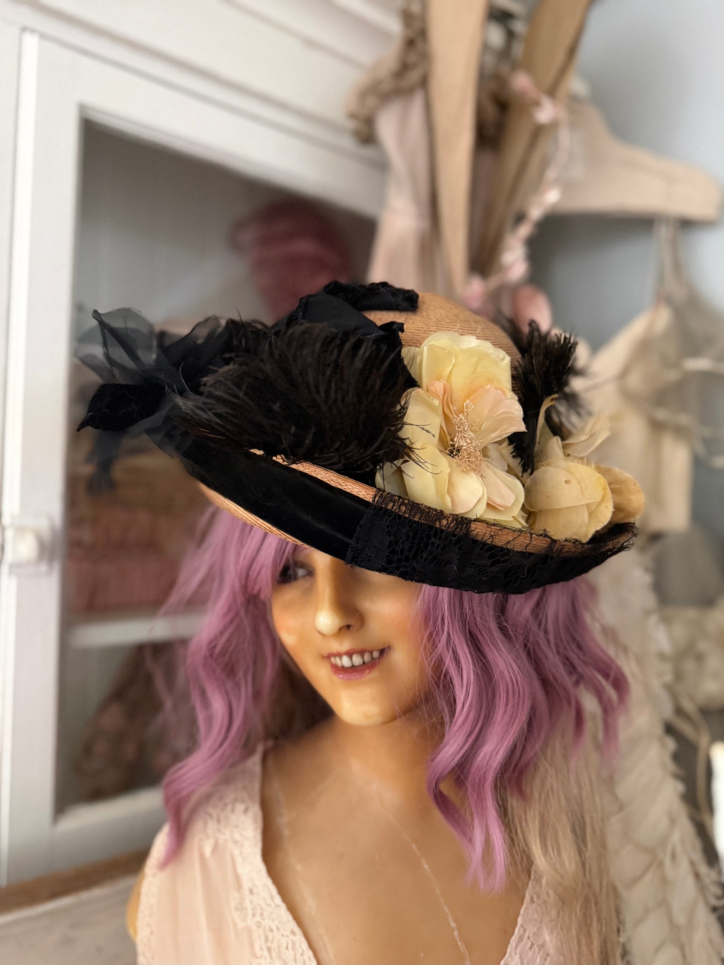 Antique Straw Hat Millinery Flowers Feathers