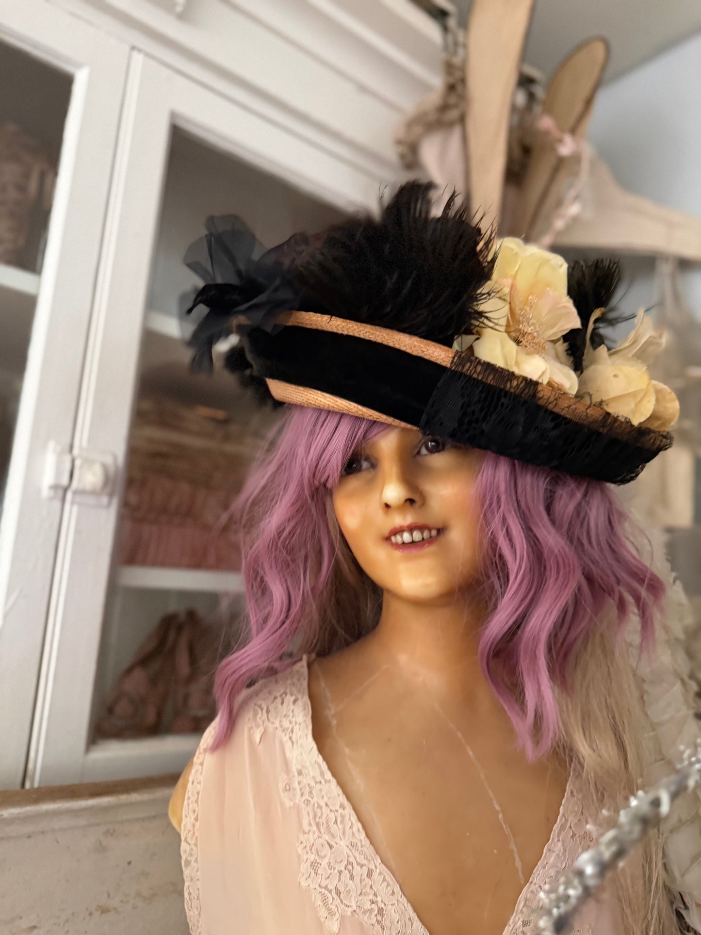 Antique Straw Hat Millinery Flowers Feathers