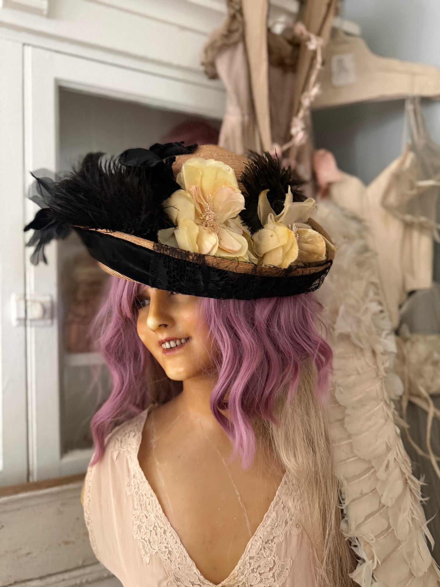 Antique Straw Hat Millinery Flowers Feathers