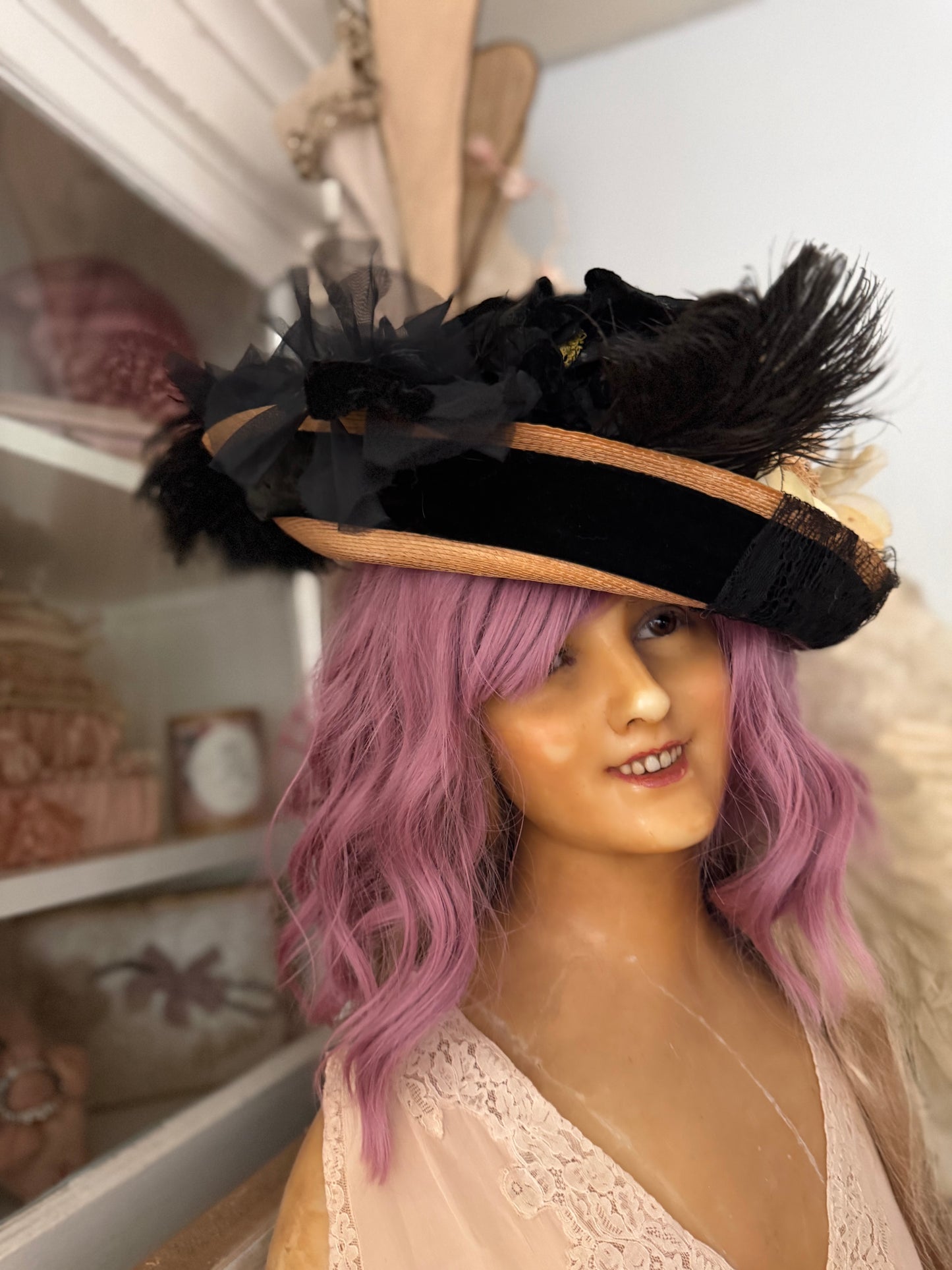 Antique Straw Hat Millinery Flowers Feathers