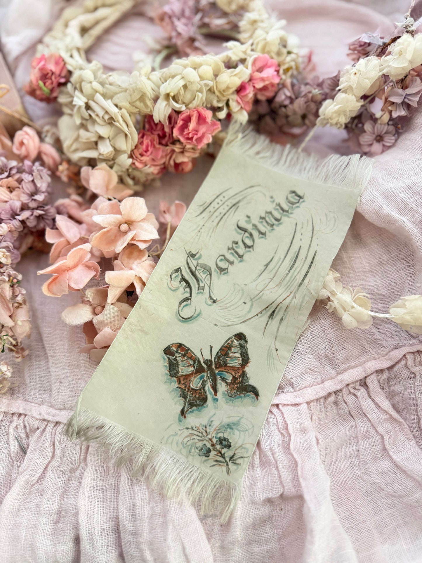 Antique Hand Painted Silk Ribbon