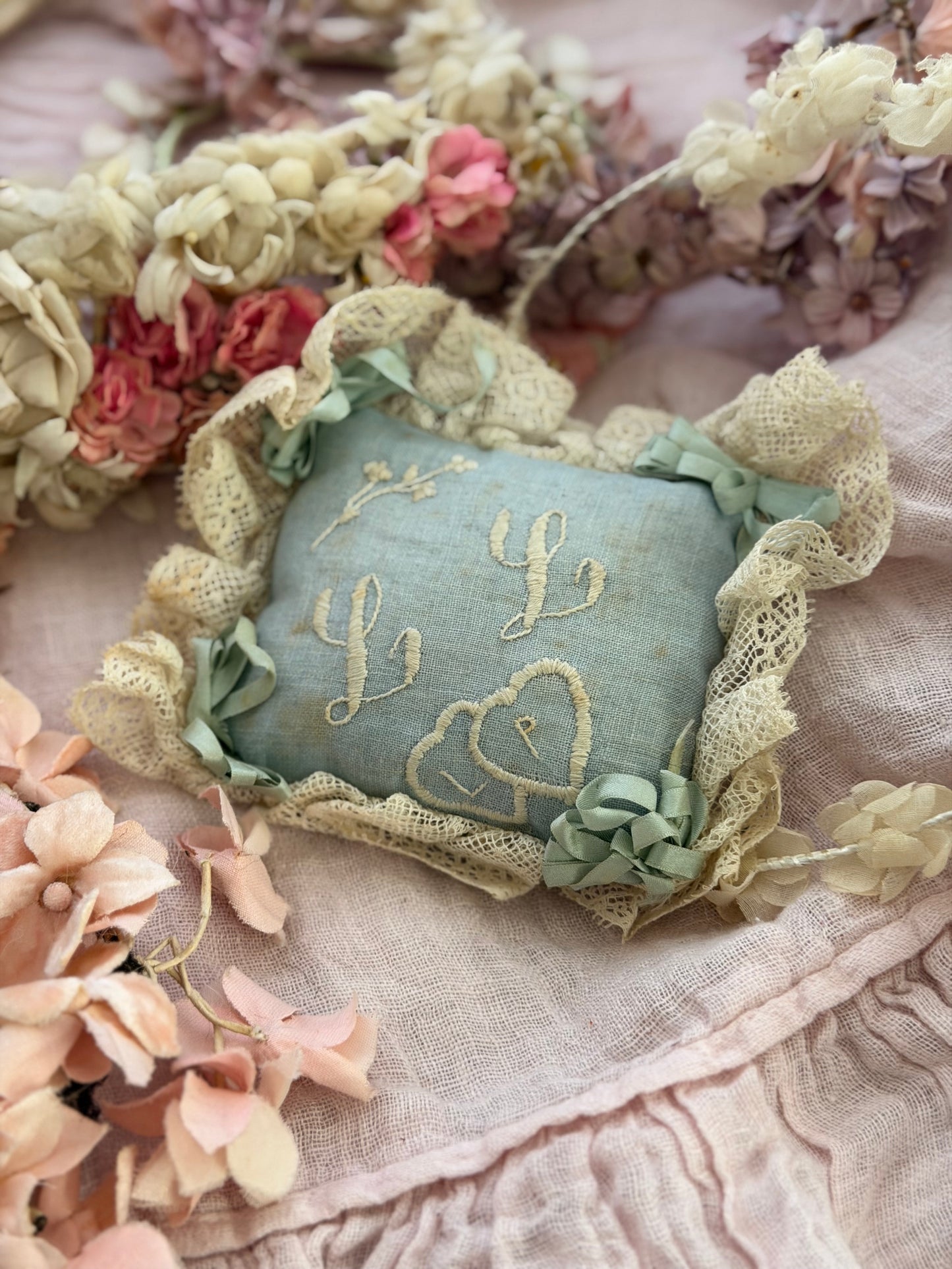 Antique Baby Blue Linen Lace Pillow Sachet