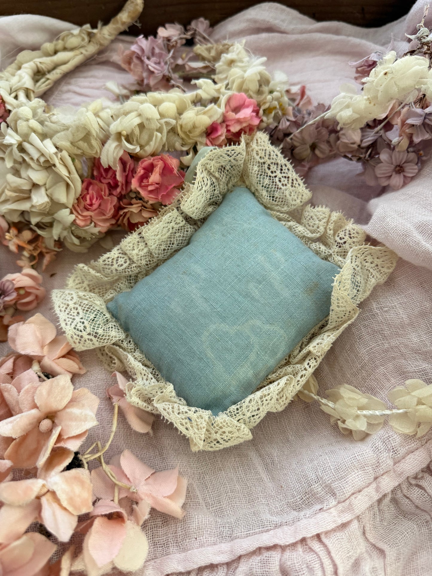 Antique Baby Blue Linen Lace Pillow Sachet