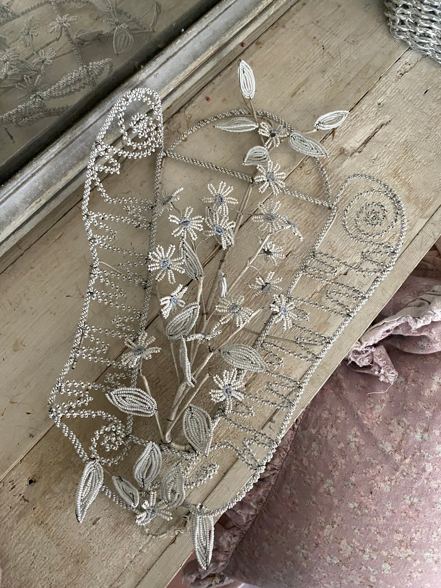 Antique French Beaded Wreath White Blue