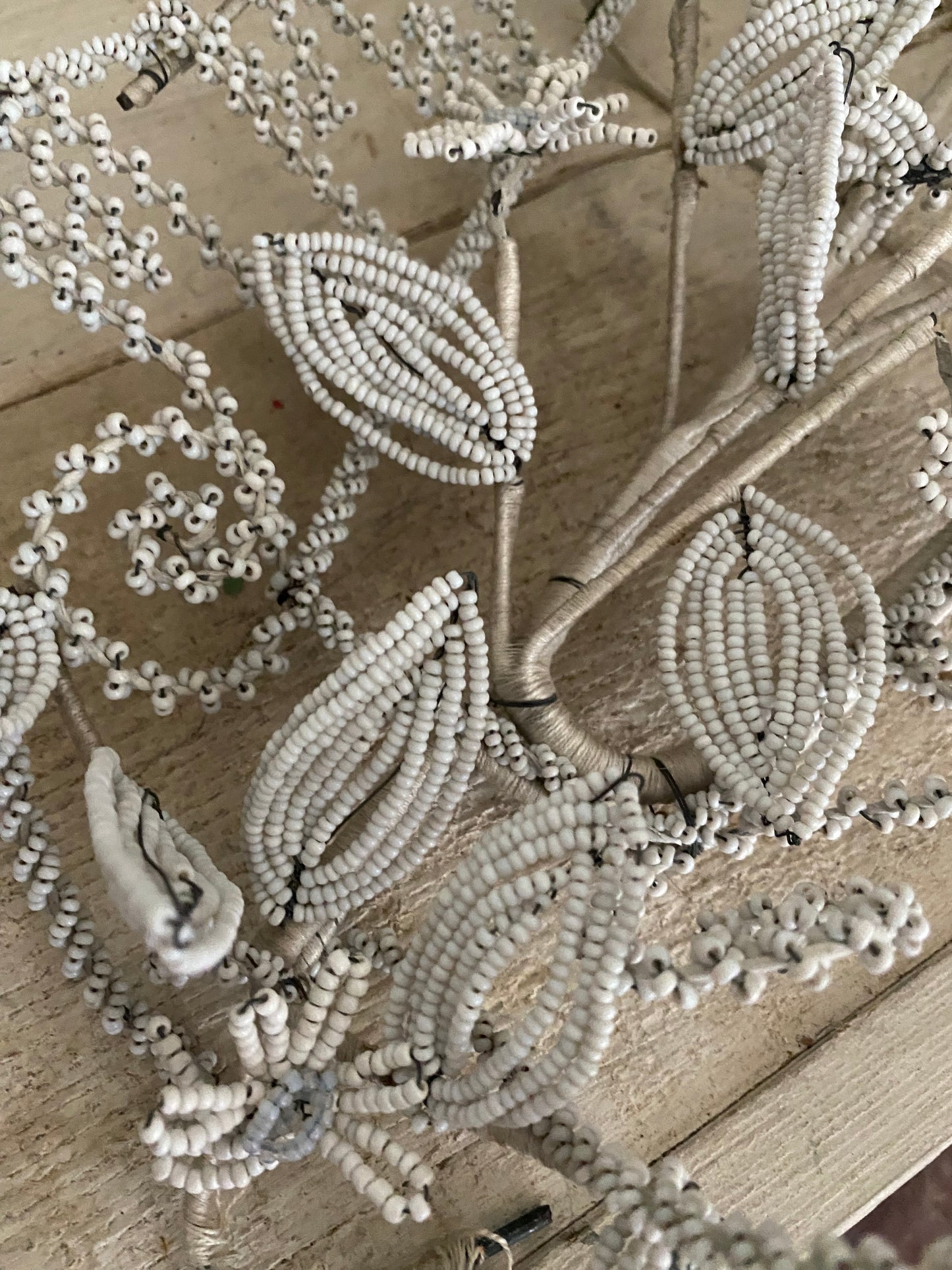 Antique French Beaded Wreath White Blue