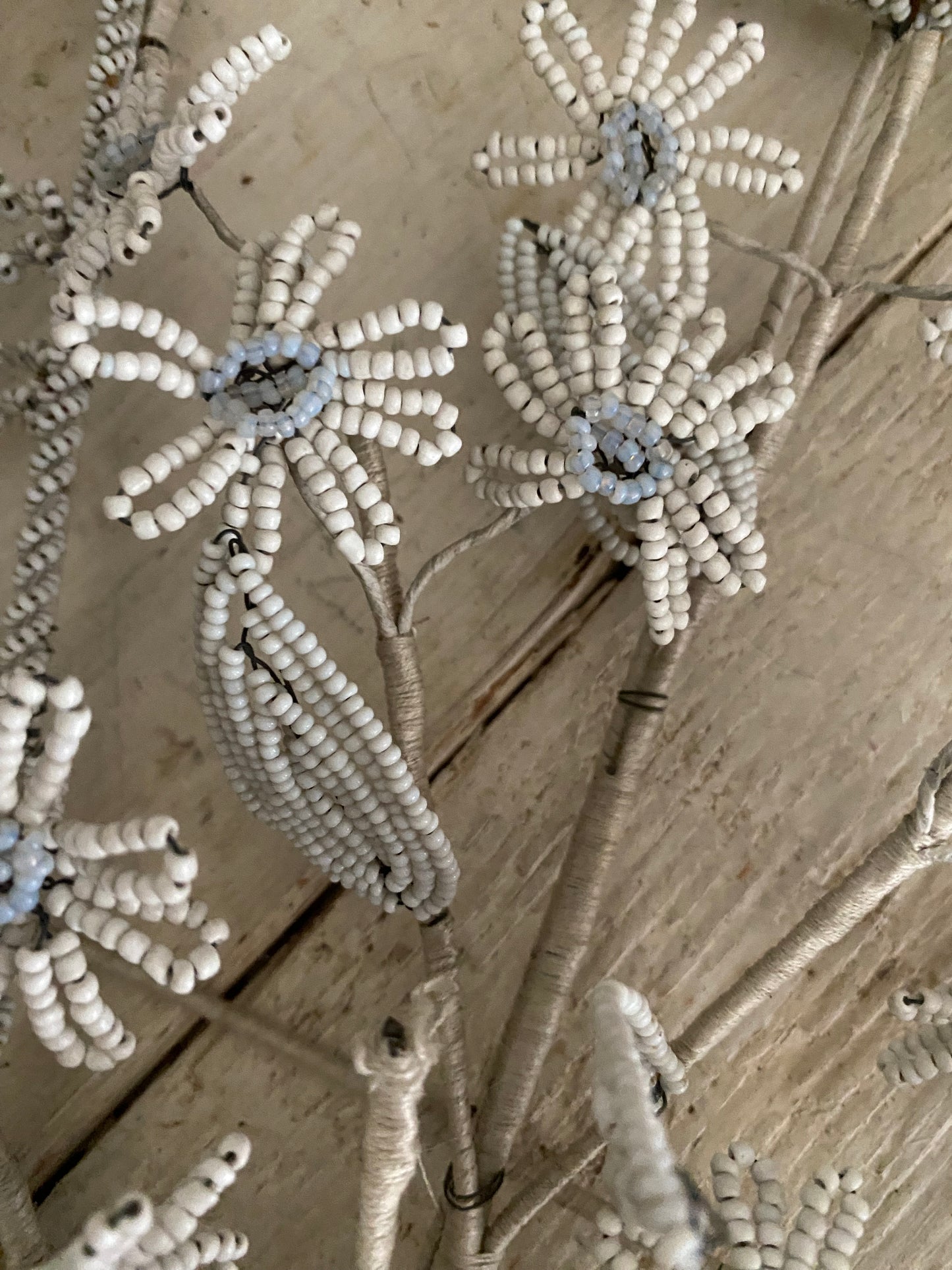 Antique French Beaded Wreath White Blue