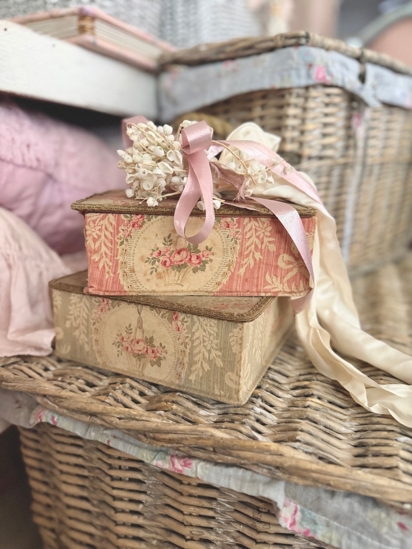 Antique French Floral Fabric Box