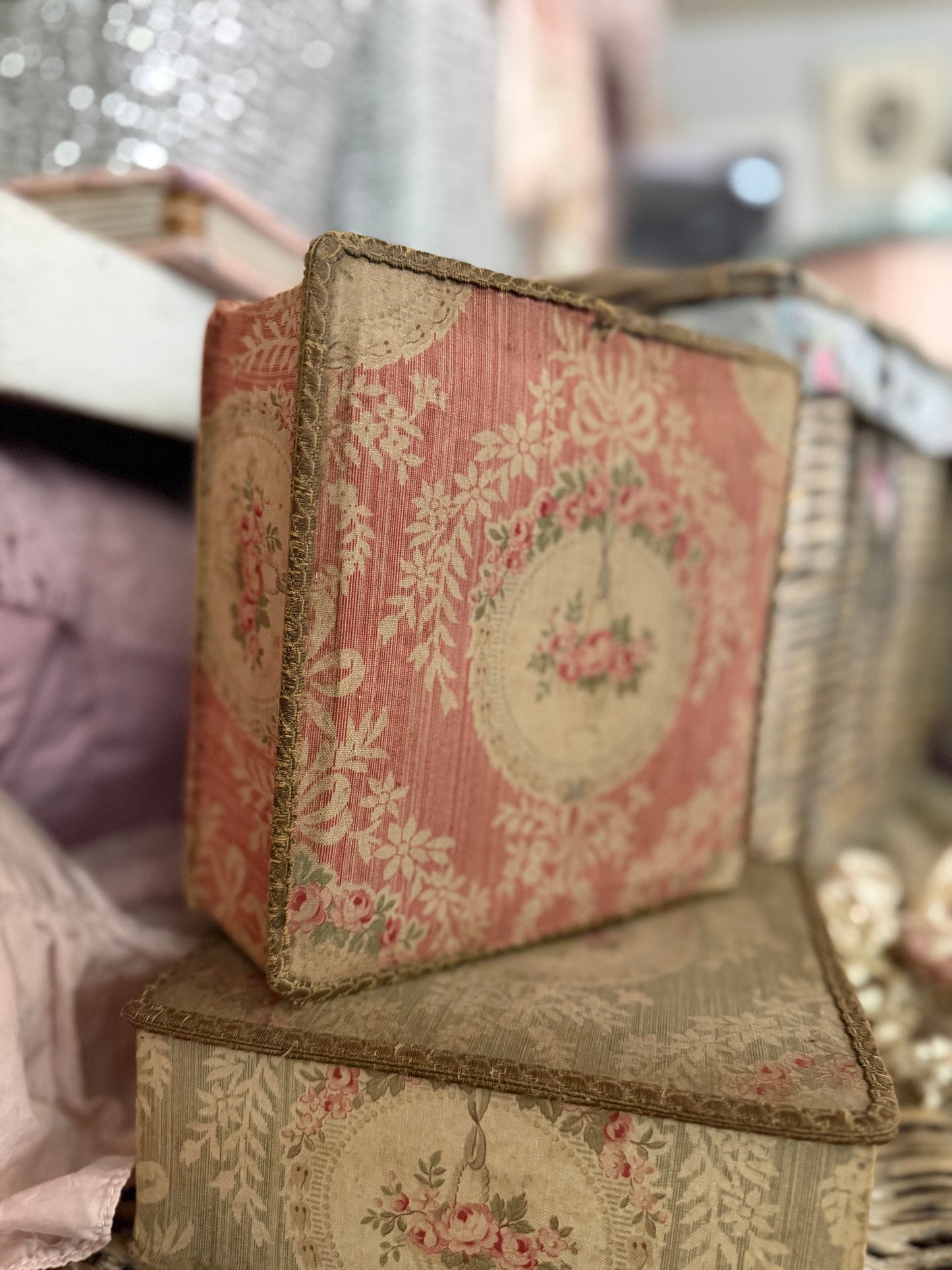 Antique French Floral Fabric Box