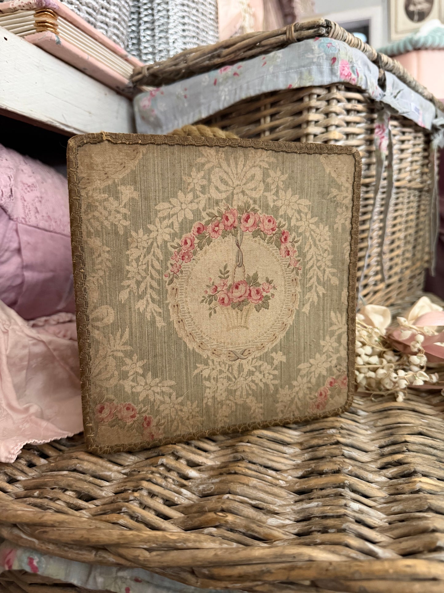 Antique French Floral Fabric Box