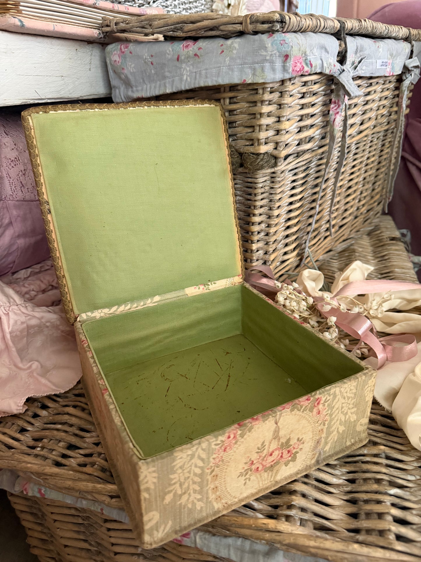 Antique French Floral Fabric Box