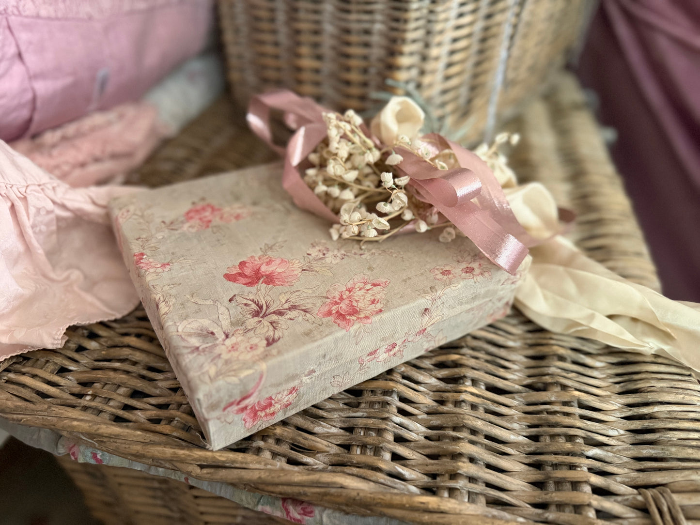 Antique French Floral Fabric Box