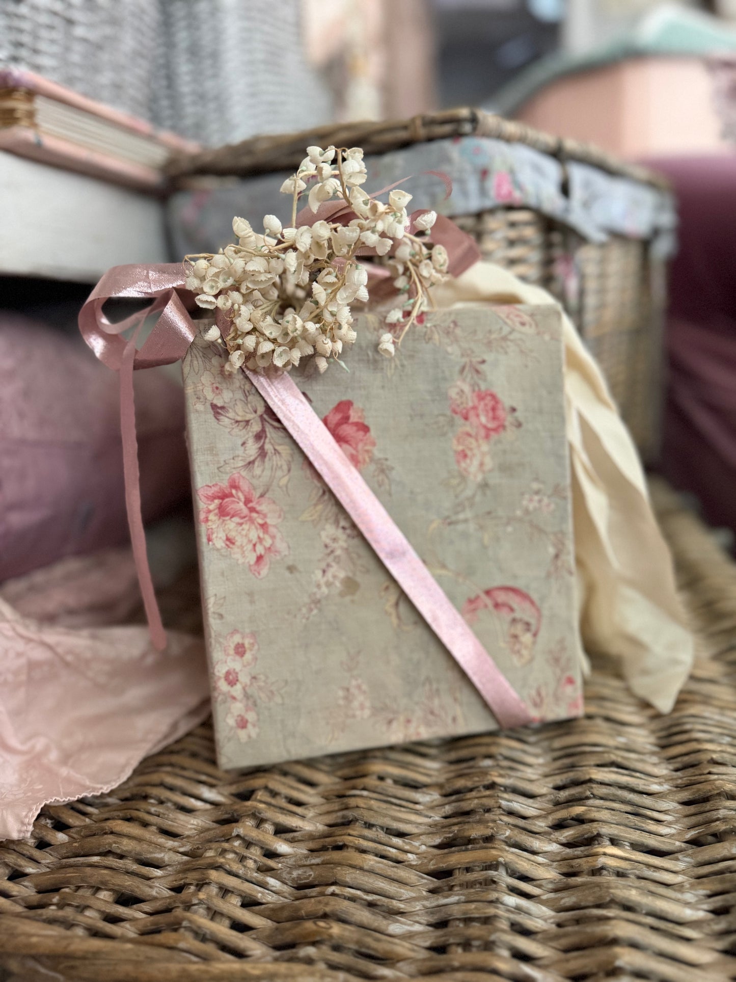 Antique French Floral Fabric Box