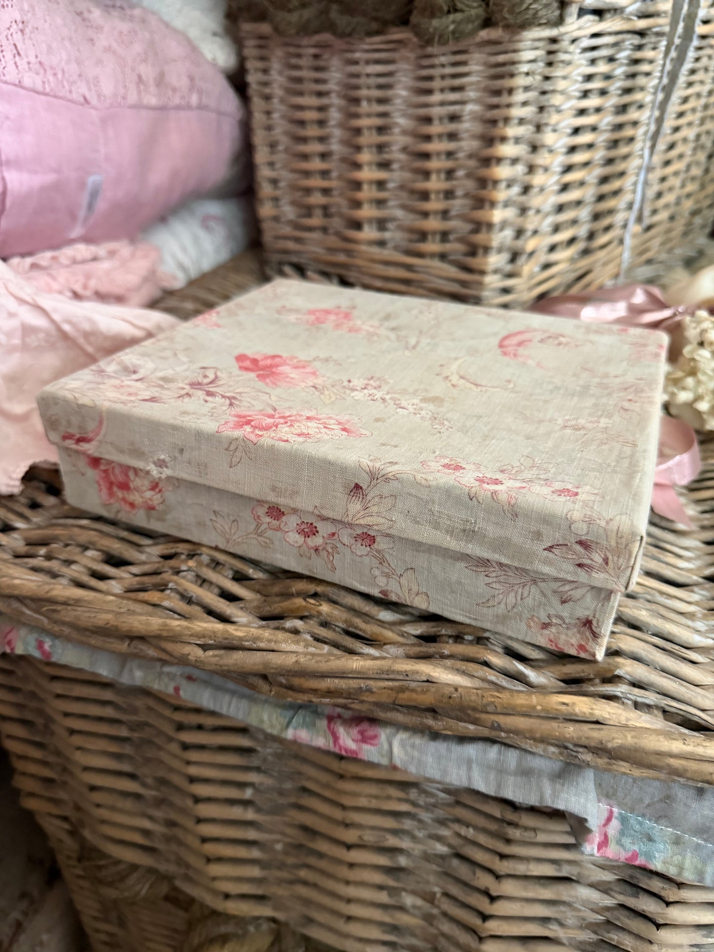 Antique French Floral Fabric Box