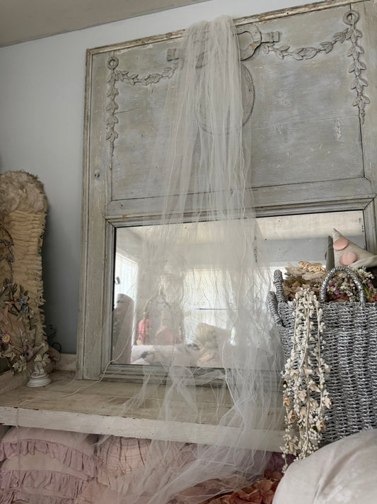 Vintage 10ft Long Cathedral White Tulle Lace Peal Wedding Veil
