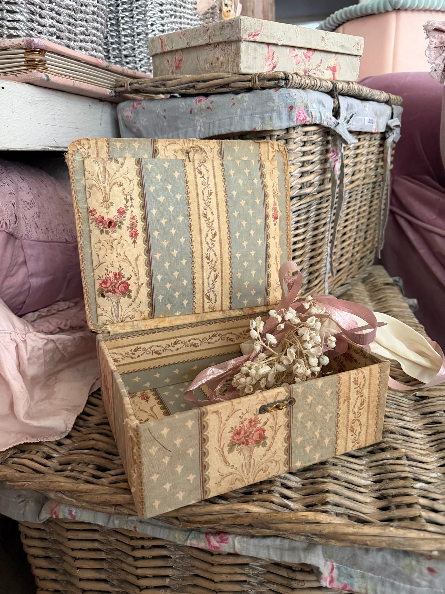 Antique French Floral Fabric Box